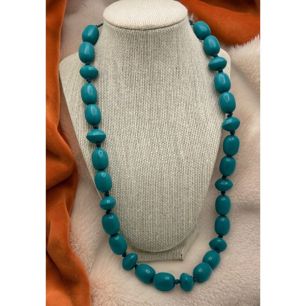 Vintage Teal Beaded Necklace Hand Knot Tied Chunky